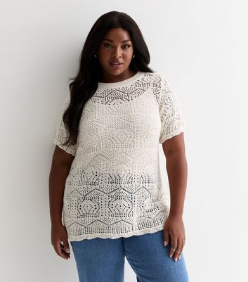 ONLY Curves Off White Crochet Short Sleeve Top New Look