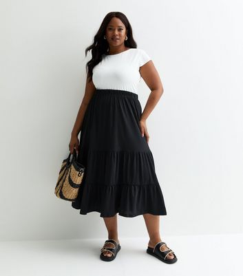 ONLY Curves Black Cotton Tiered Midi Skirt New Look