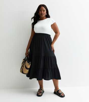 ONLY Curves Black Cotton Tiered Midi Skirt