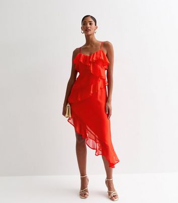 Red Ruffle-Trim Asymmetric Strappy Dress New Look