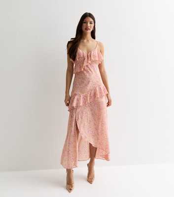 Pink Floral Chiffon Strappy Ruffle Midi Dress