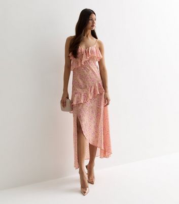 Pink Floral Chiffon Strappy Ruffle Midi Dress New Look