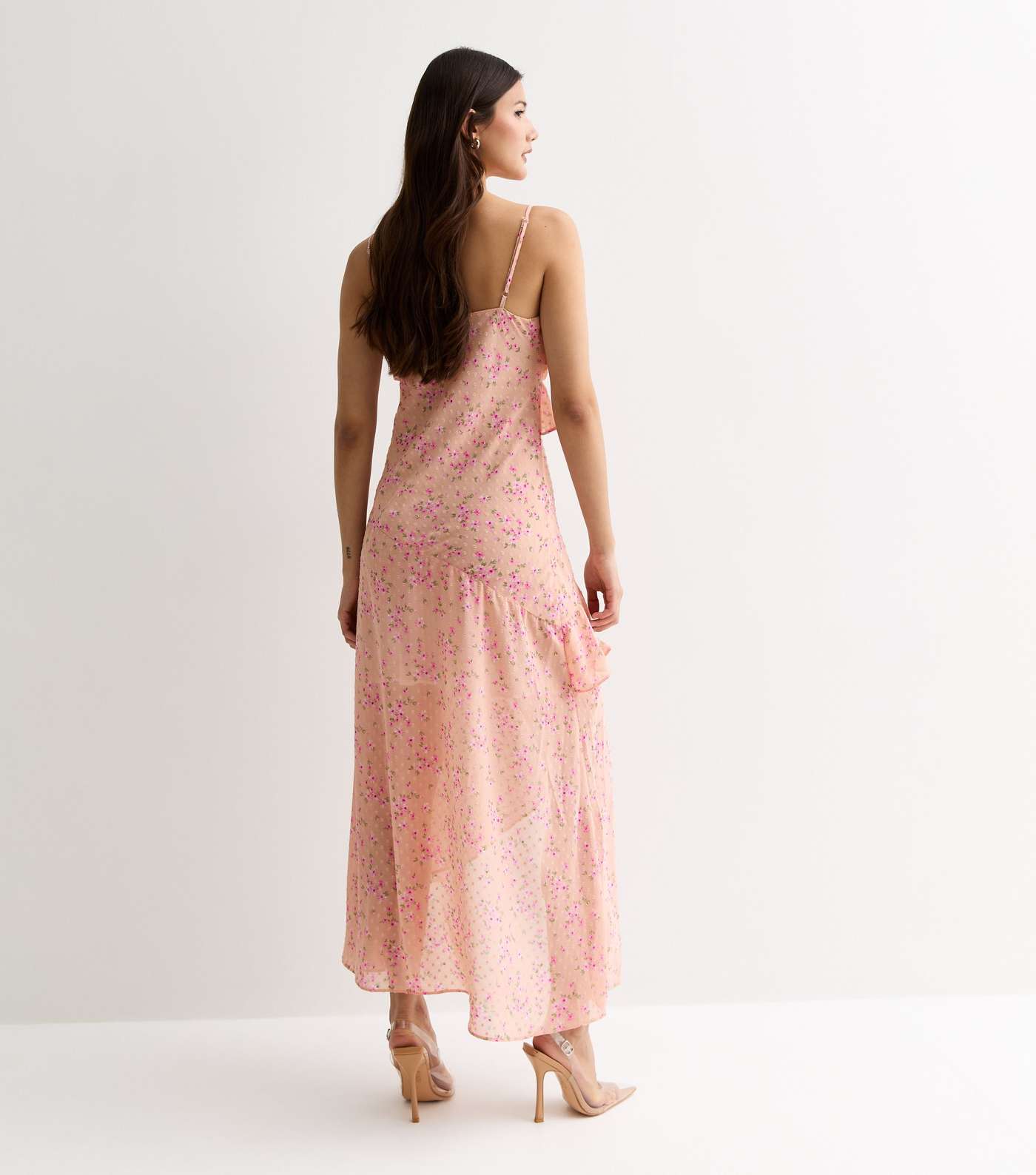 Pink Floral Chiffon Strappy Ruffle Midi Dress Image 4