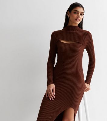 Gini London Rust Ribbed Knit Cut Out Midi Dress New Look