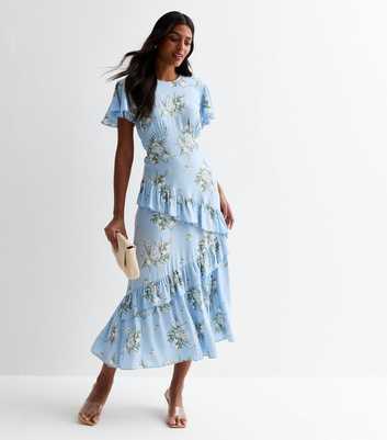 Blue Floral Flutter Sleeve Asymmetric Ruffle Midi Dress