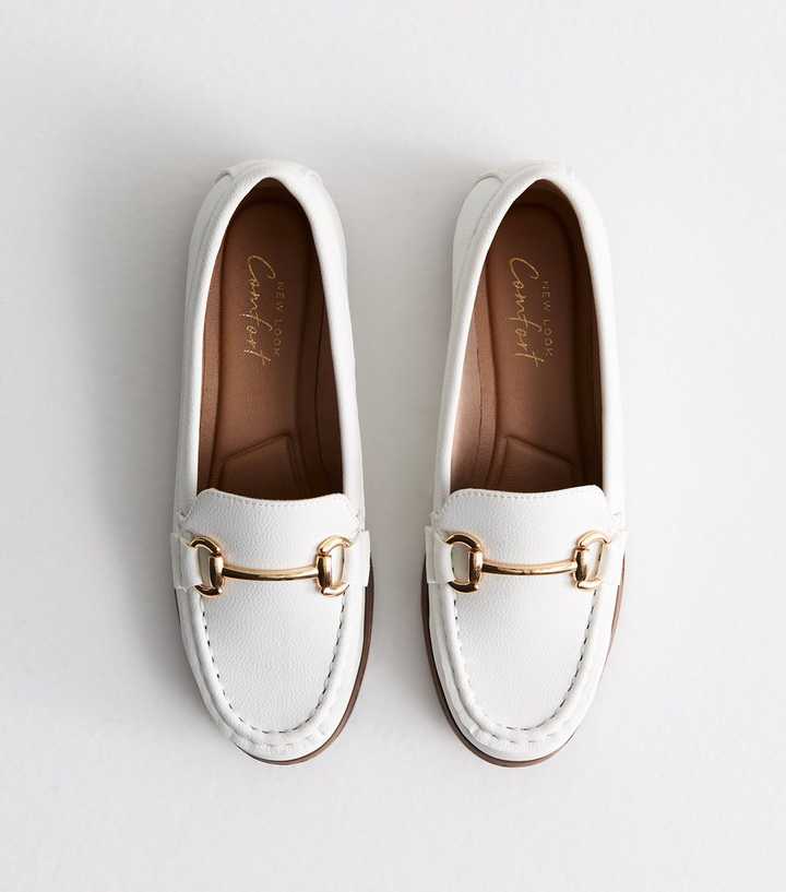White Leather-Look Snaffle Trim Loafers