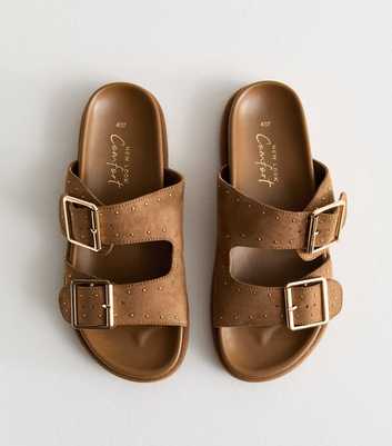 Light Brown Suedette Stud Embellished Flat Sandals