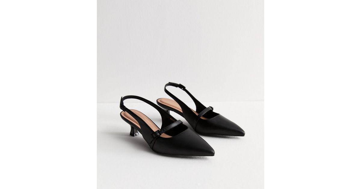 Black Leather Look Pointed-Toe Kitten Heels | New Look