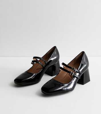 Wide Fit Black Patent Block Heel Mary Jane Shoes