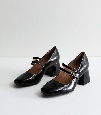 Wide Fit Black Patent Block Heel Mary Jane Shoes | New Look