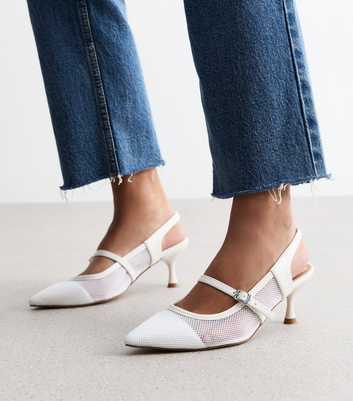 White Mesh Pointed Toe Slingback Heel Court Shoes