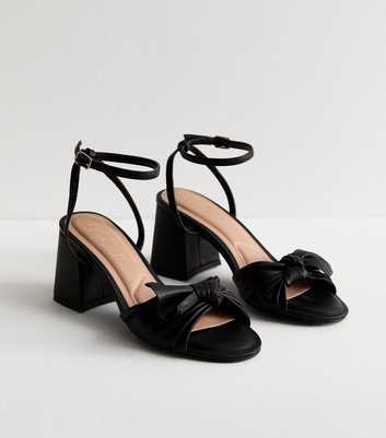 Black Leather-Look Bow-Trim Block-Heel Sandals 