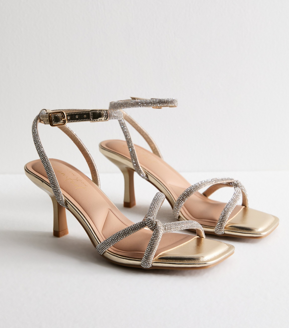 Women's Gold Diamante-Embellished Twisted-Strap Heel Sandals Vegan New Look