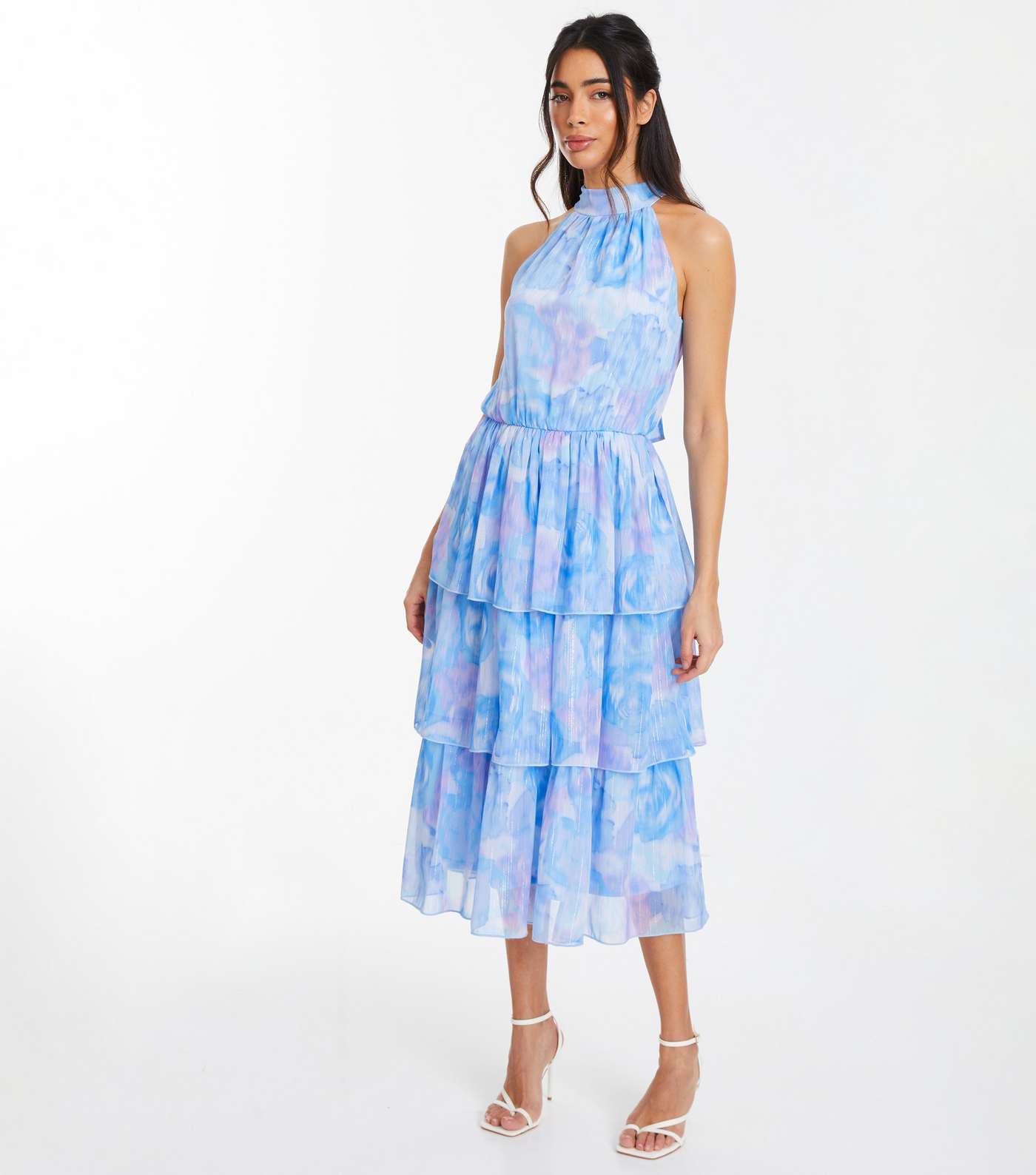 QUIZ Pale Blue Floral Tiered Midi Dress Image 2