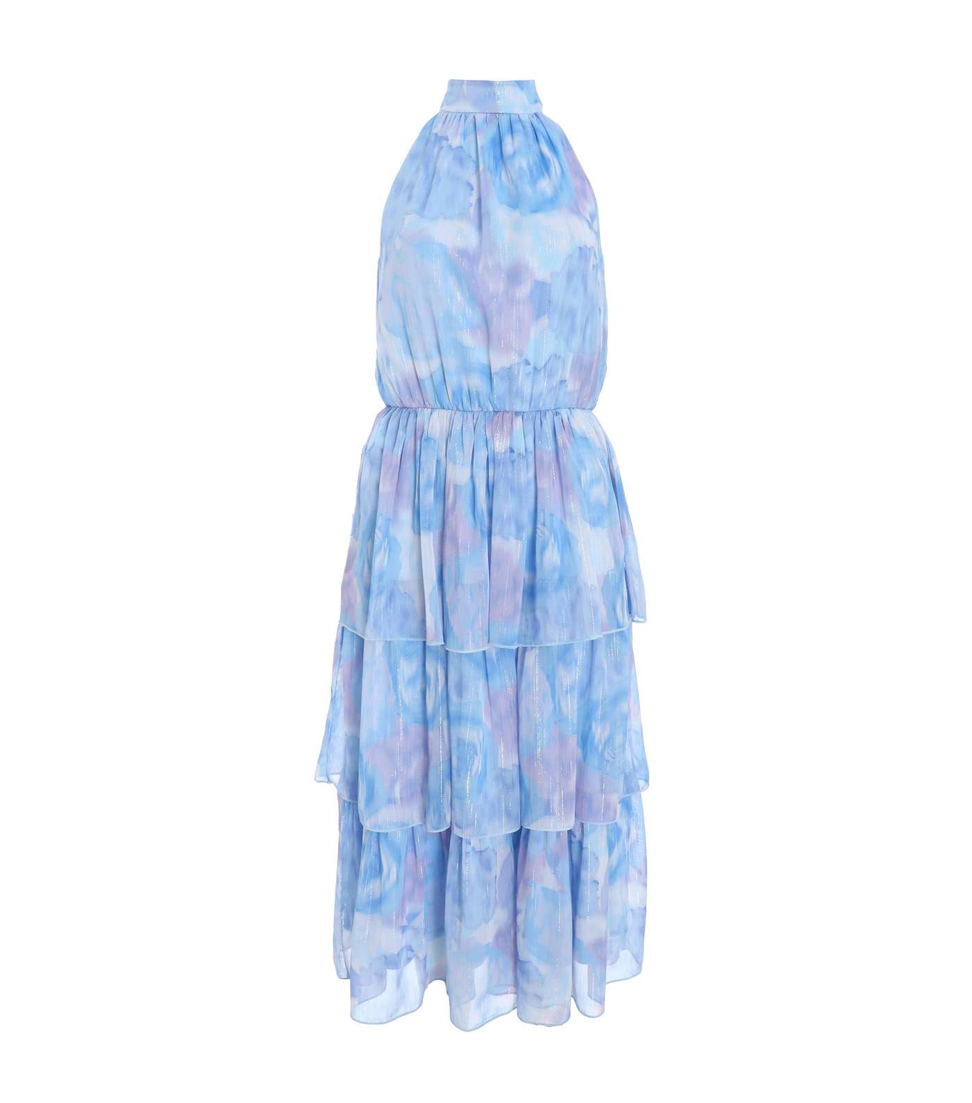QUIZ Pale Blue Floral Tiered Midi Dress Image 4
