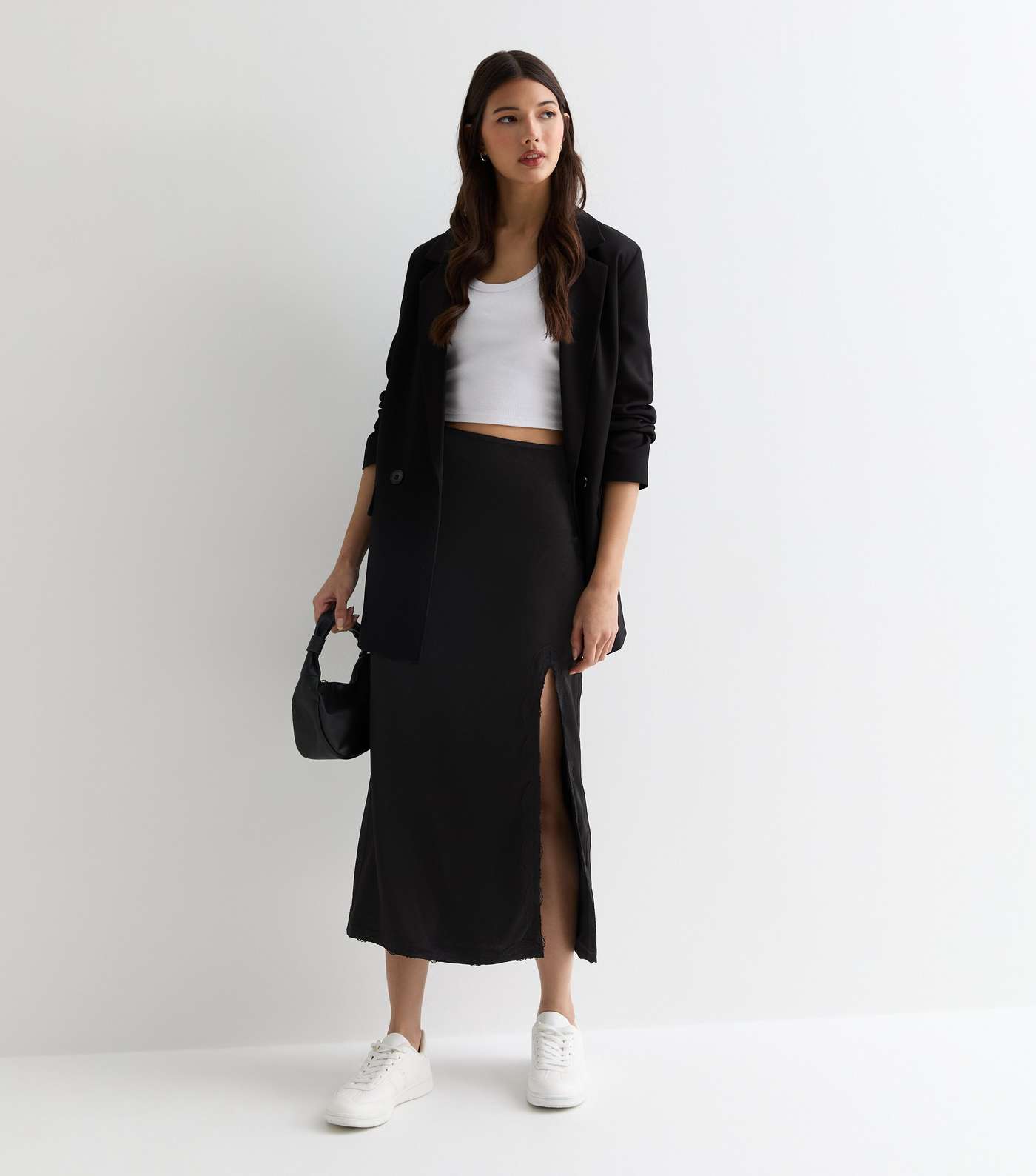Gini London Black Satin Lace Split Hem Midi Skirt Image 2