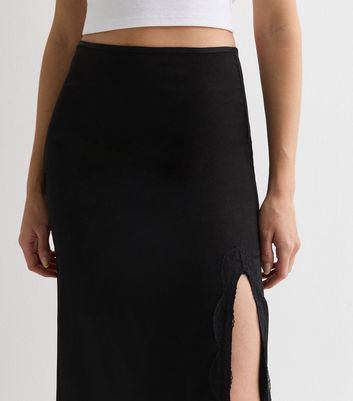 Gini London Black Satin Lace Split Hem Midi Skirt New Look