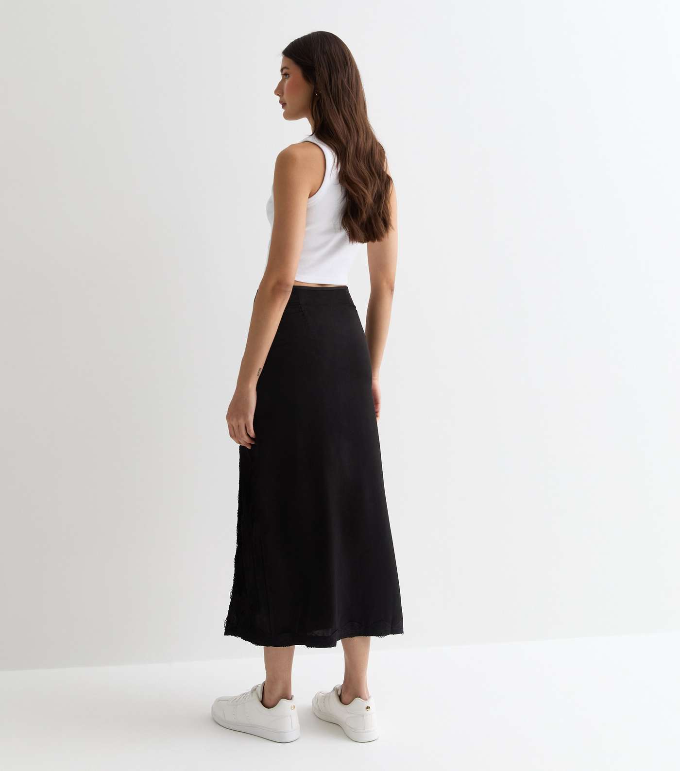 Gini London Black Satin Lace Split Hem Midi Skirt Image 4