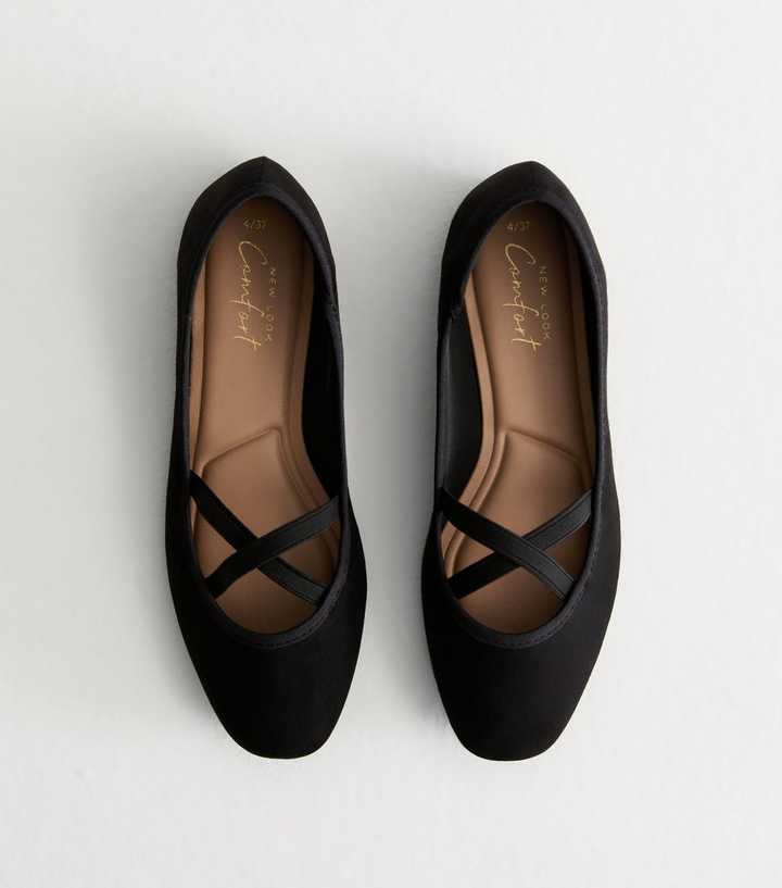 Black Suedette Elasticated Crossover-Strap Ballet Flats