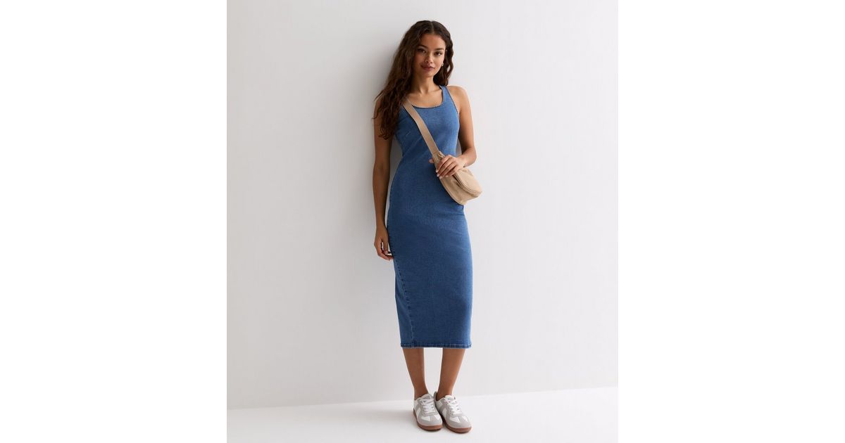 Petite Blue Stretch Denim Bodycon Midi Dress | New Look