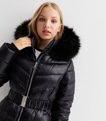 Girls Black Wet Look Belted Puffer Coat New Look