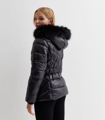 Girls Black Wet Look Belted Puffer Coat New Look