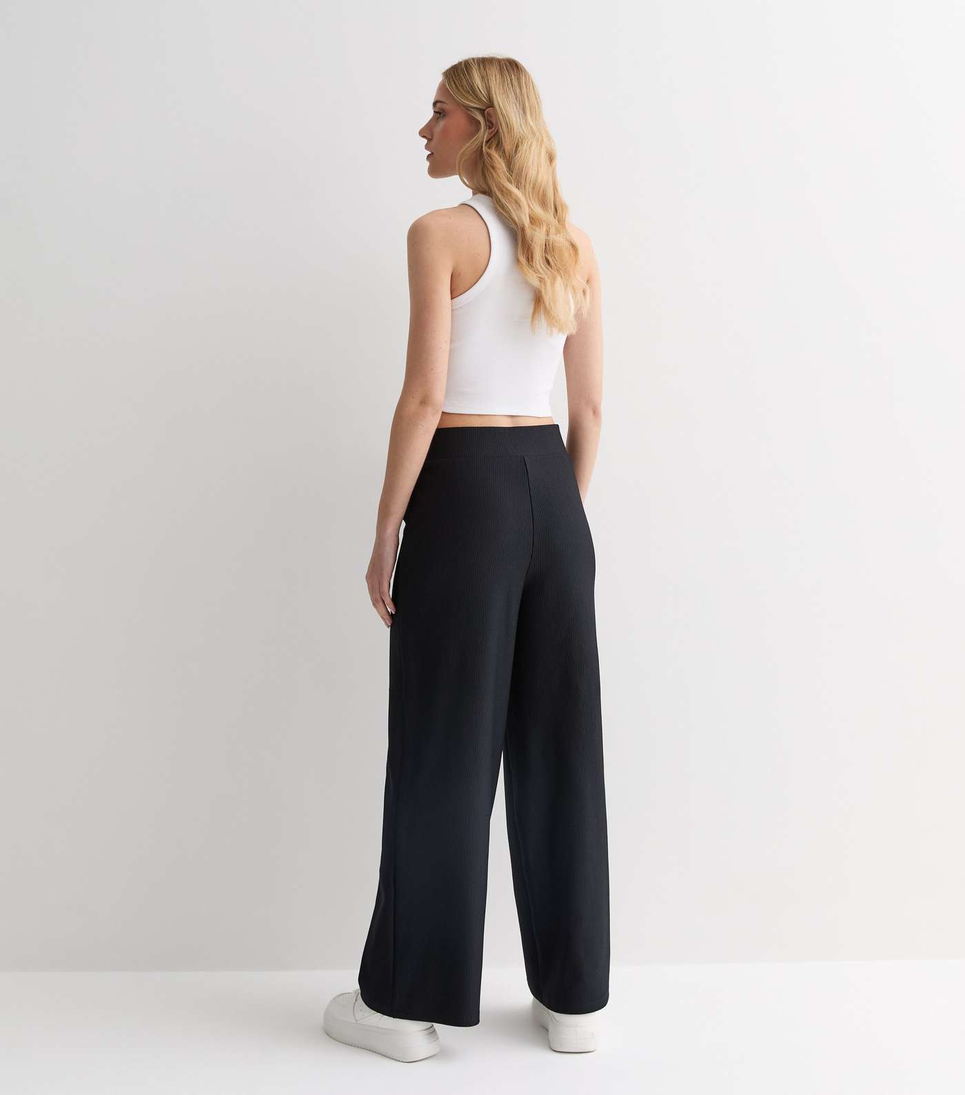 Black Ribbed Jersey Wide Leg Trousers Image 3