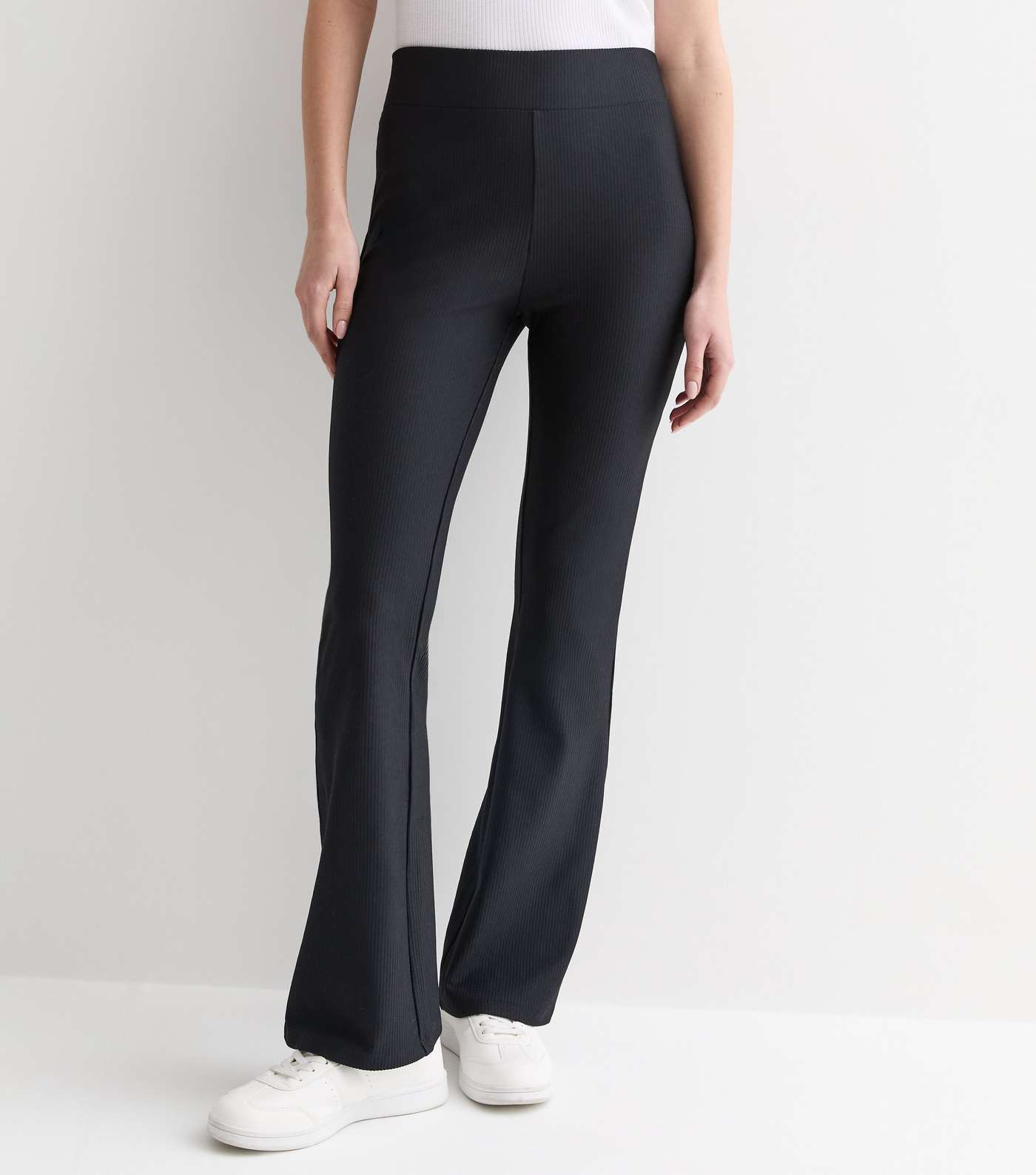 Black Ribbed Jersey Flared Trousers Image 3