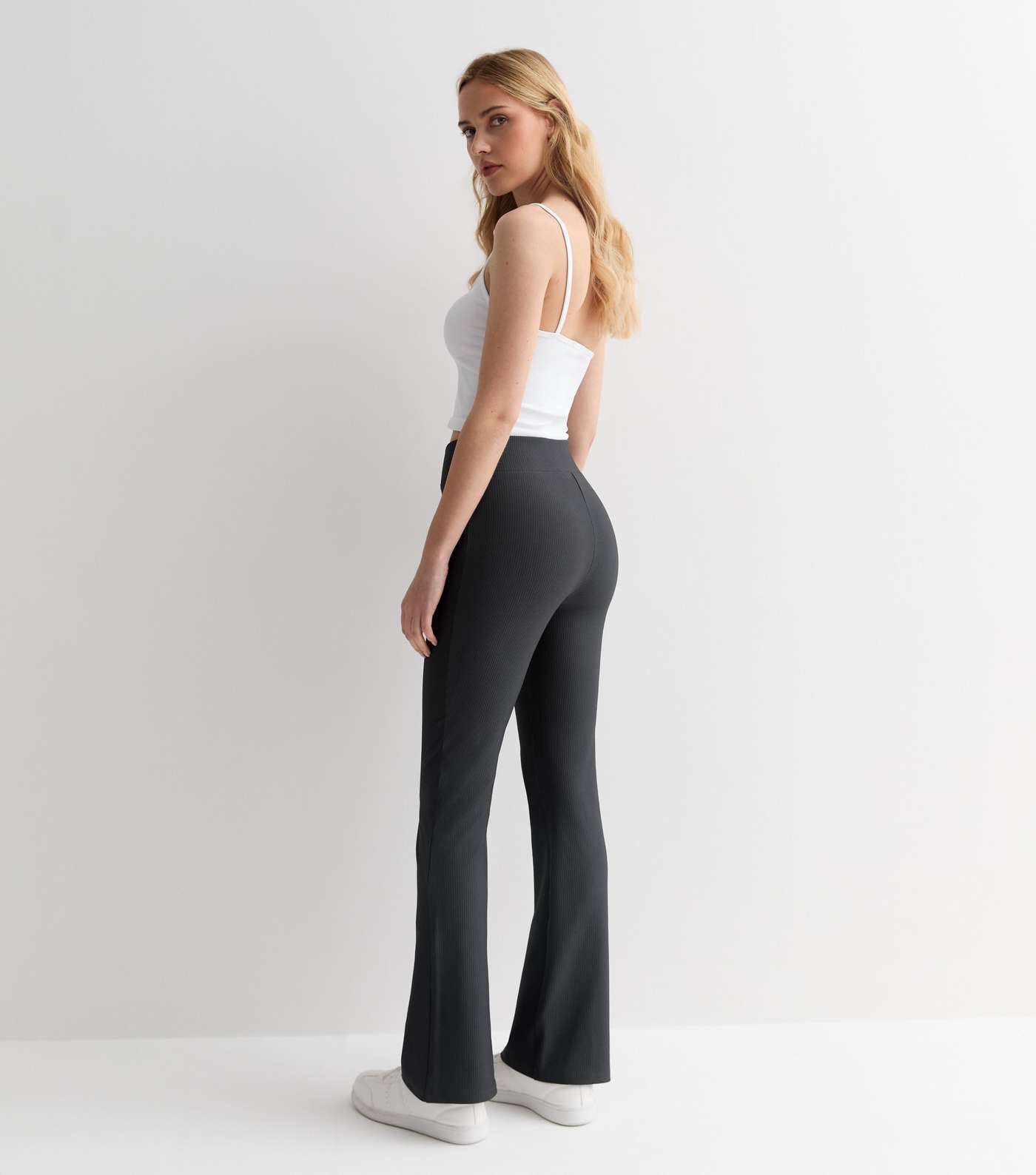 Dark Grey Ribbed Jersey Flared Trousers Image 4