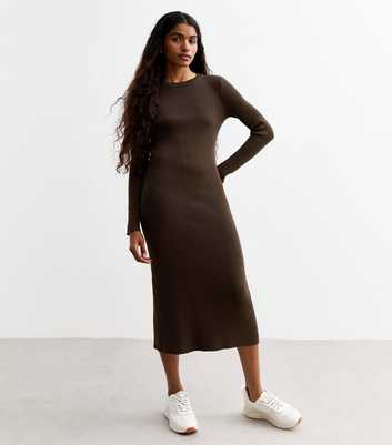 Petite Dark Brown Rib Knit Midi Dress