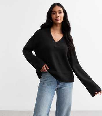 Black Wide V Neck Knit Jumper