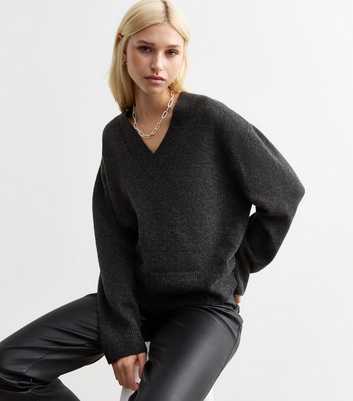 Dark Grey Wide V Neck Knit Jumper