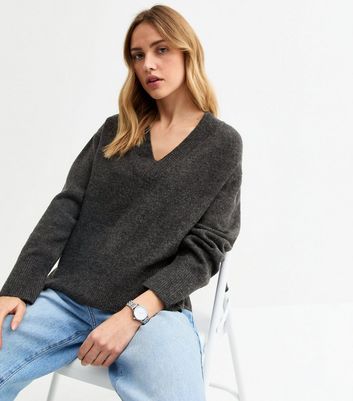 Dark Grey Wide V Neck Knit Jumper | New Look