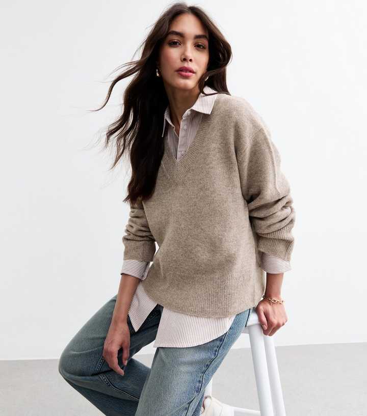 Grey Wide V Neck Knit Jumper