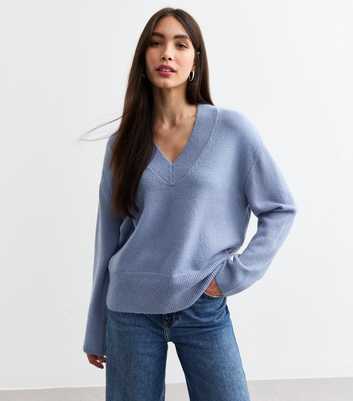 Blue Wide V Neck Knit Jumper