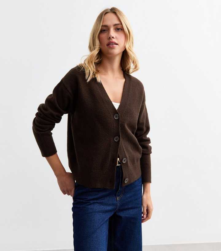 Dark Brown Button Knit Cardigan | New Look Dark Brown Button Knit Cardigan | New Look