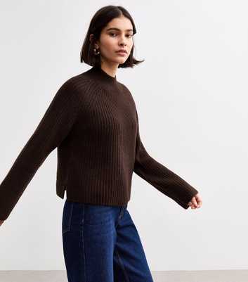 Dark Brown Ribbed Knit Long Sleeve Jumper