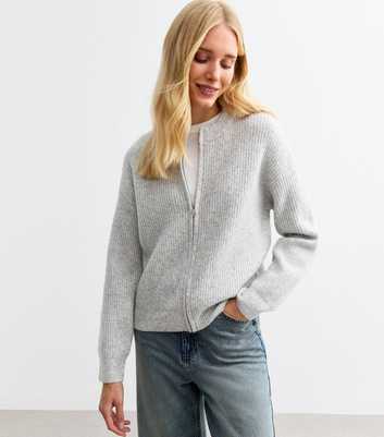 Grey Ribbed Crew Neck Cardigan