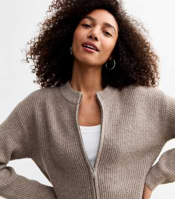 Brown Ribbed Crew Neck Cardigan