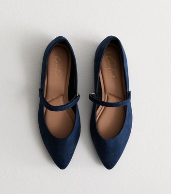 Navy Suedette Pointed Ballerina Pumps New Look