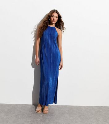 Bright Blue Plisse Halter Maxi Dress New Look