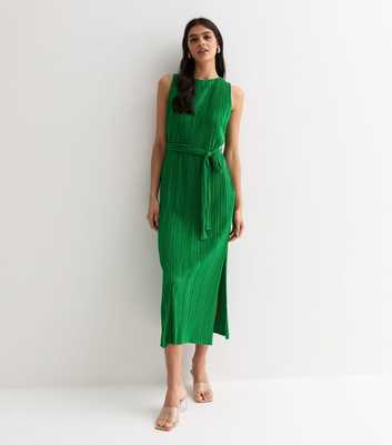 Green Plisse Sleeveless Belted Split Hem Midi Dress