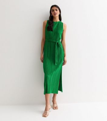 Dark green tie waist plisse midi dress hotsell