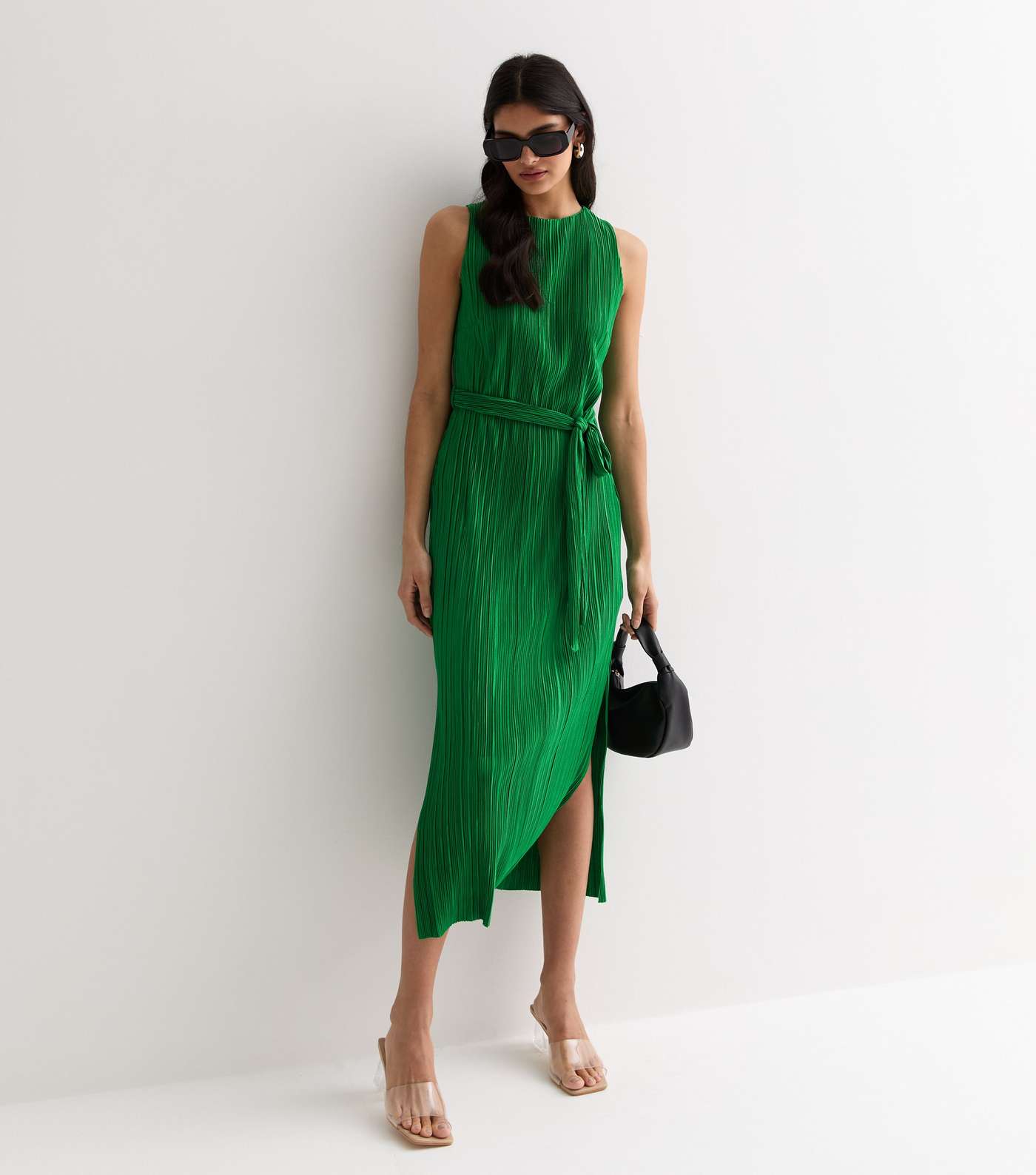 Green Plisse Sleeveless Belted Split Hem Midi Dress Image 3
