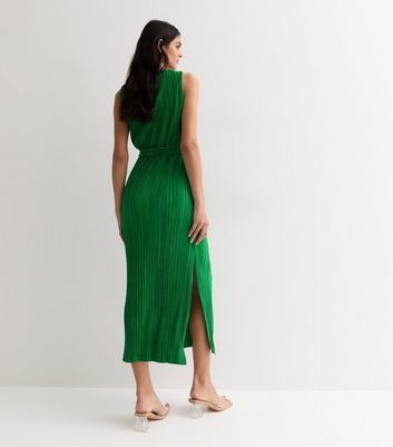 Green Plisse Sleeveless Belted Split Hem Midi Dress New Look