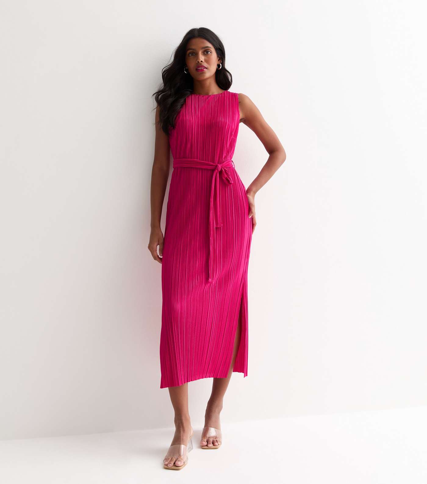 Bright Pink Plisse Sleeveless Belted Split Hem Midi Dress