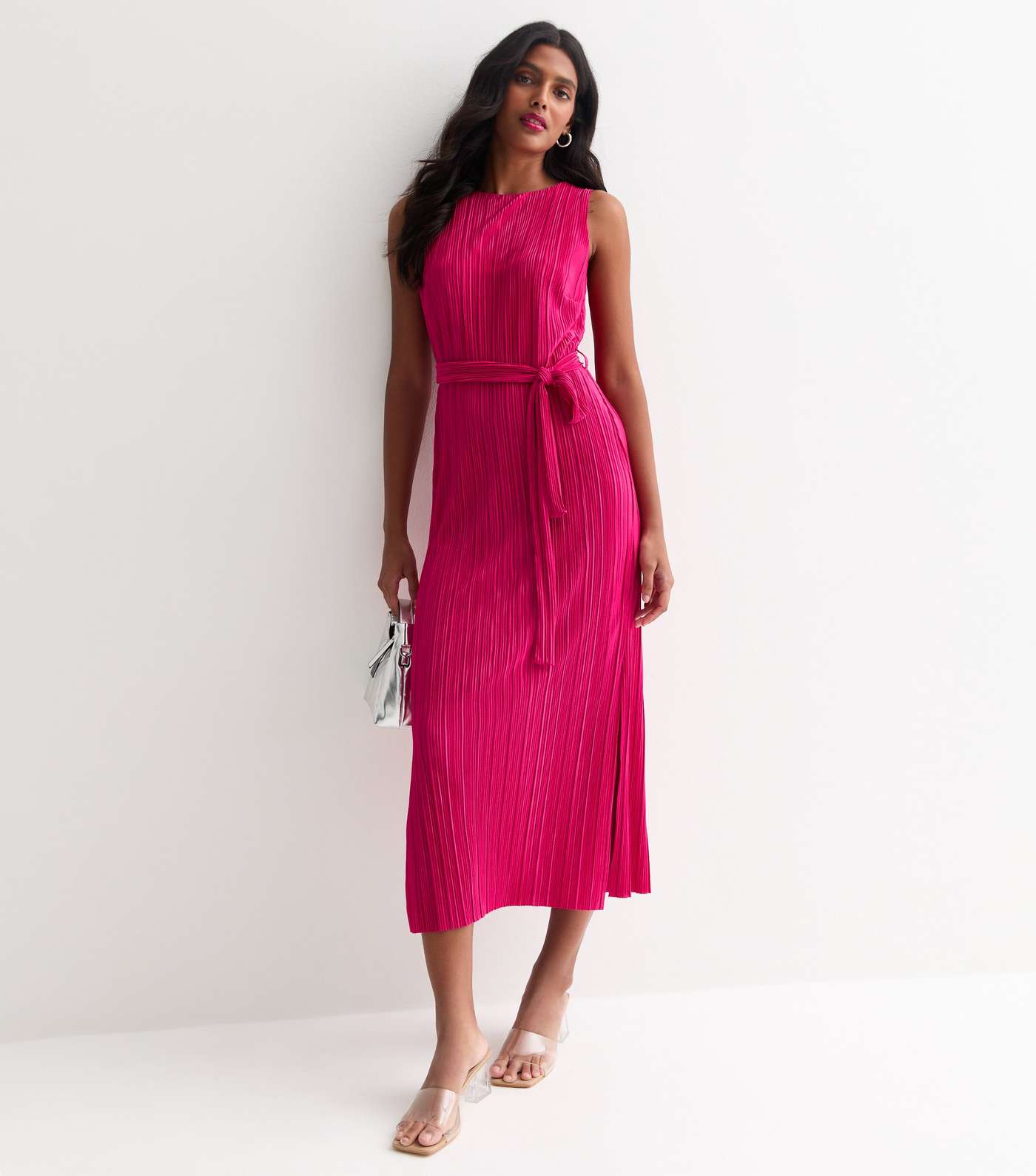 Bright Pink Plisse Sleeveless Belted Split Hem Midi Dress Image 3
