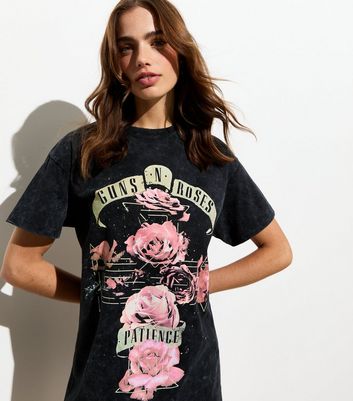 Grey Cotton Guns N Roses Print Acid Wash T-Shirt Dress New Look