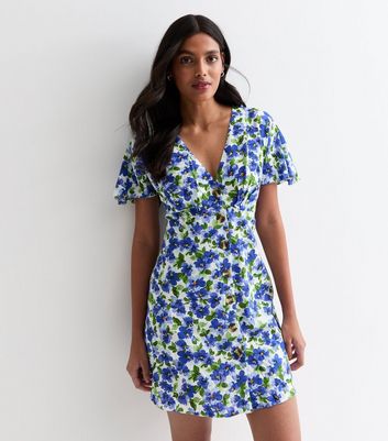 Blue Floral Button Front Mini Dress | New Look