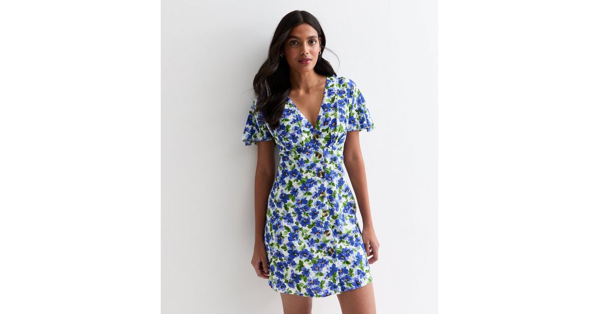 Blue Floral Button Front Mini Dress | New Look